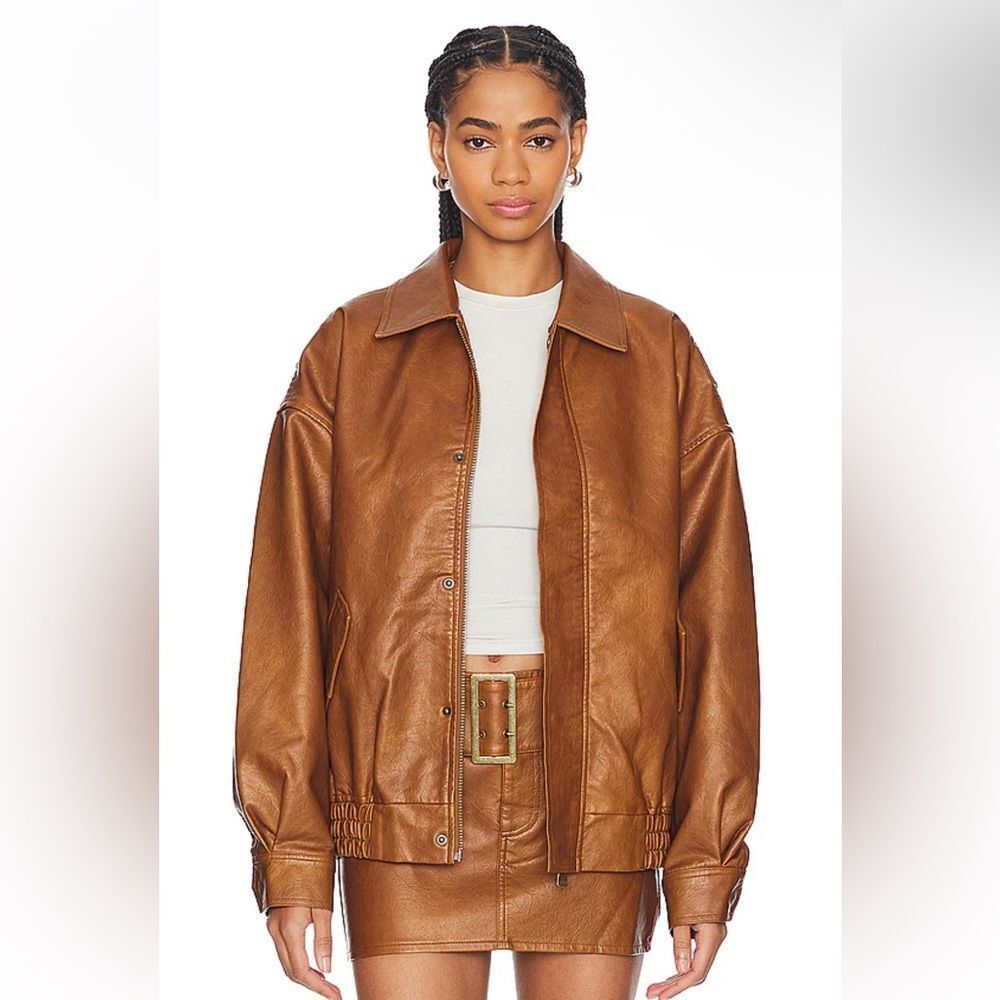 Lioness Kenny Bomber Tan brown jacket and skirt set vegan leather Revolve XS